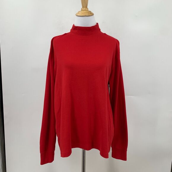 Lands End Mock Neck Shirt Womens L Large Red Solid Long Sleeve Pullover Cotton - Picture 2 of 12